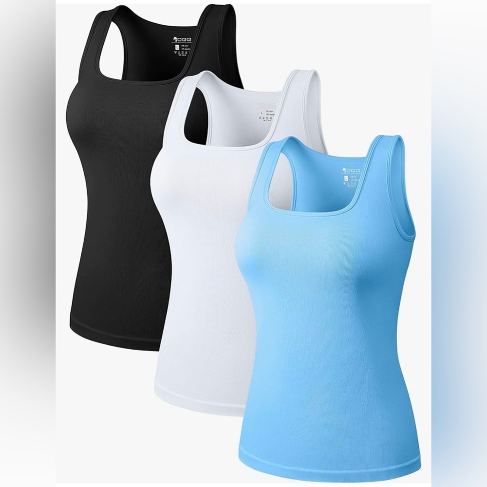 OQQ Women's 3 Piece Blue, Black and White Tank, Large